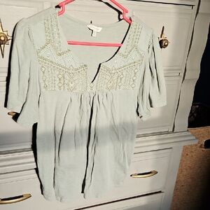 Lucky Brand Light Green Embroidered Blouse
